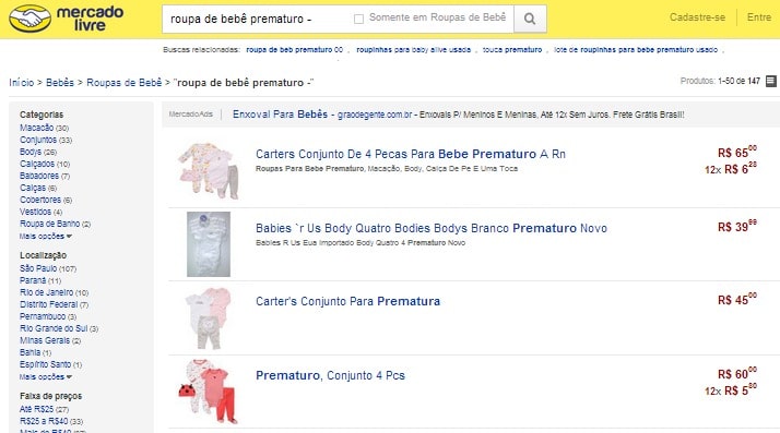 Lojas online para bebês prematuros. 