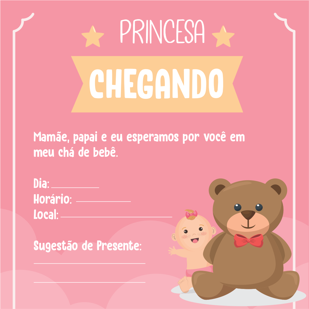 convite cha de bebe para editar de ursinho rosa